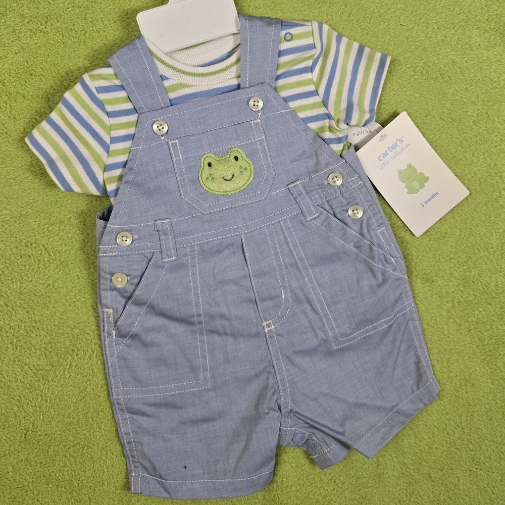 NWT  3-6M  Baby BOYS OVERALLS + TEE SHIRT Carter's Blue + Green Frog 2P Set (Q2)